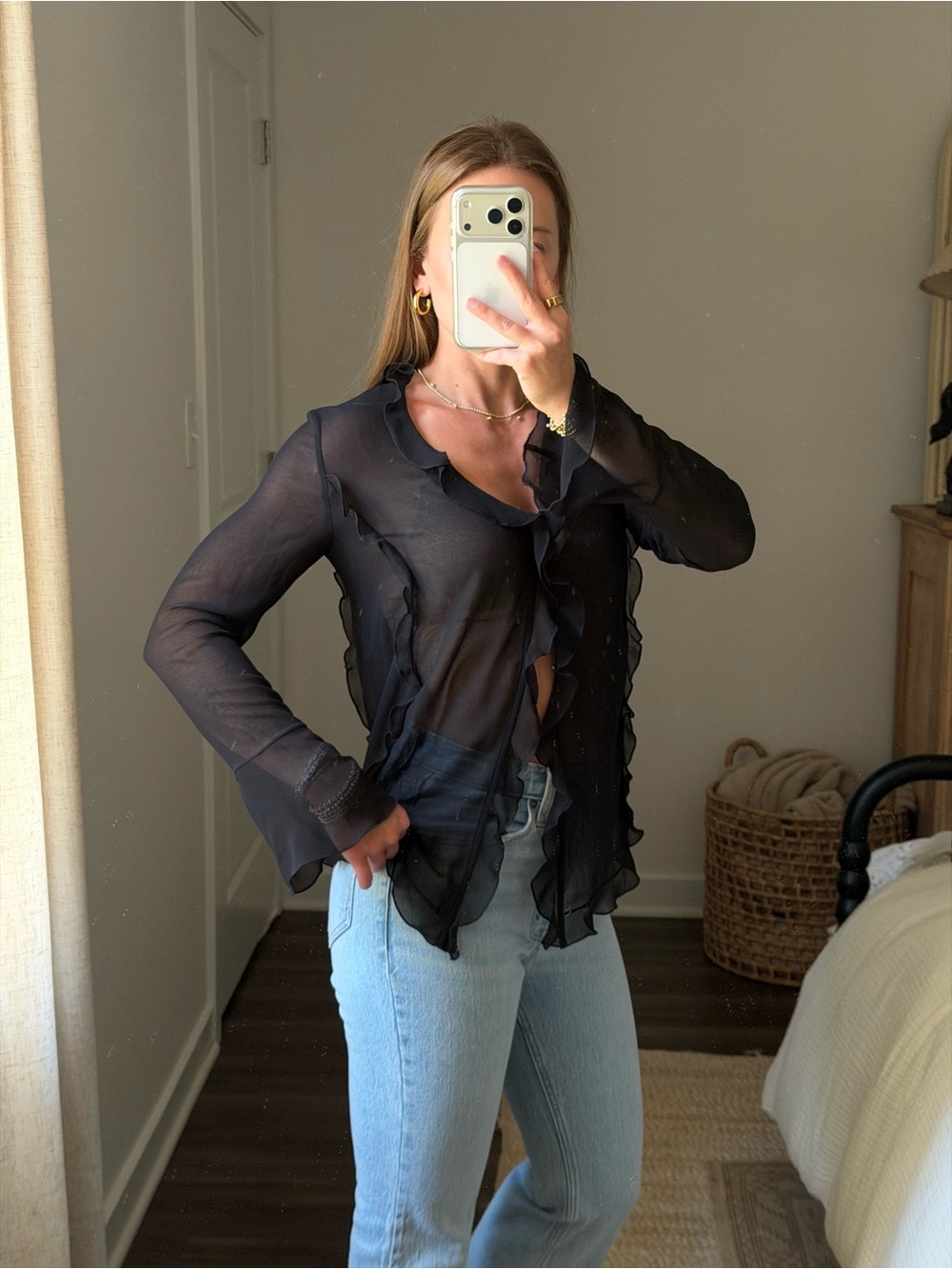 Aritzia Sheer Ruffle-Trim Black Long-Sleeve Top - Picture 2 of 3